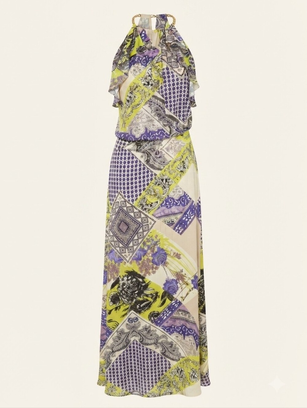 Julian Chang Patchwork Print Halter Maxi Dress Purple Chartreuse Size Small - Picture 14 of 15